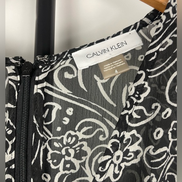 Calvin Klein Black White Chiffon Paisley Floral Hi Low Ruffle Faux Wrap Dress - Picture 7 of 11